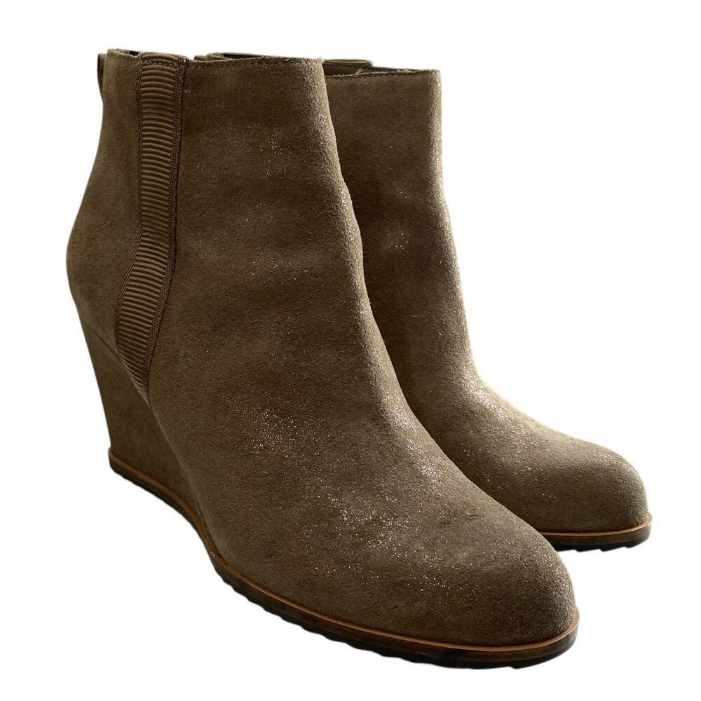 Linea Paolo Suede Leather Wedge Ankle Booties Womens 9M Taupe Shimmer Zipper